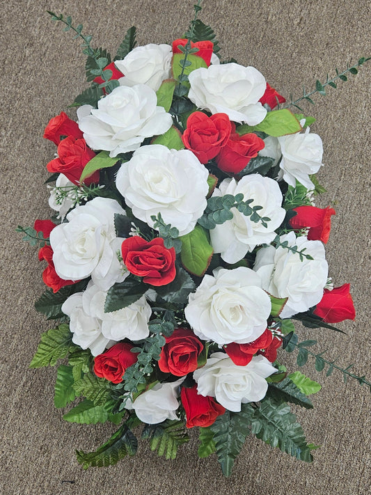 Large Red & White Rose Cemetery Saddle – Weather Resistant Memorial Arrangement