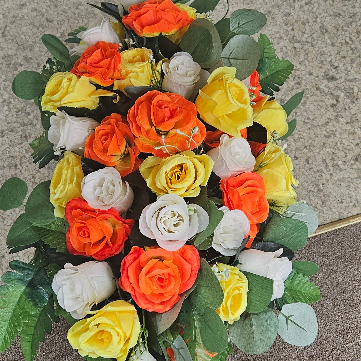 Sunrise Rose Cemetery Saddle – Orange, Yellow & White Memorial Flowers