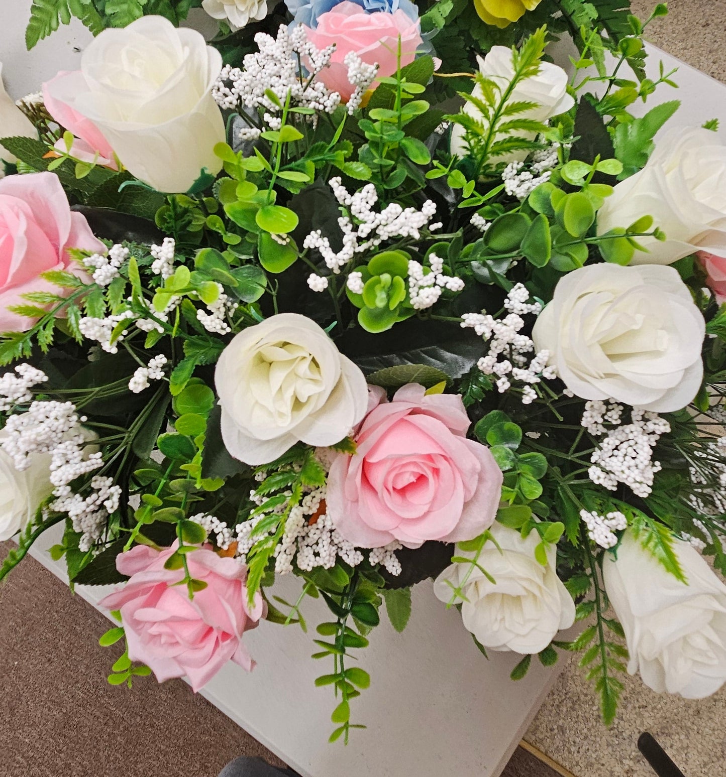 Pink & White Rose Cemetery Saddle – Elegant Memorial Flowers