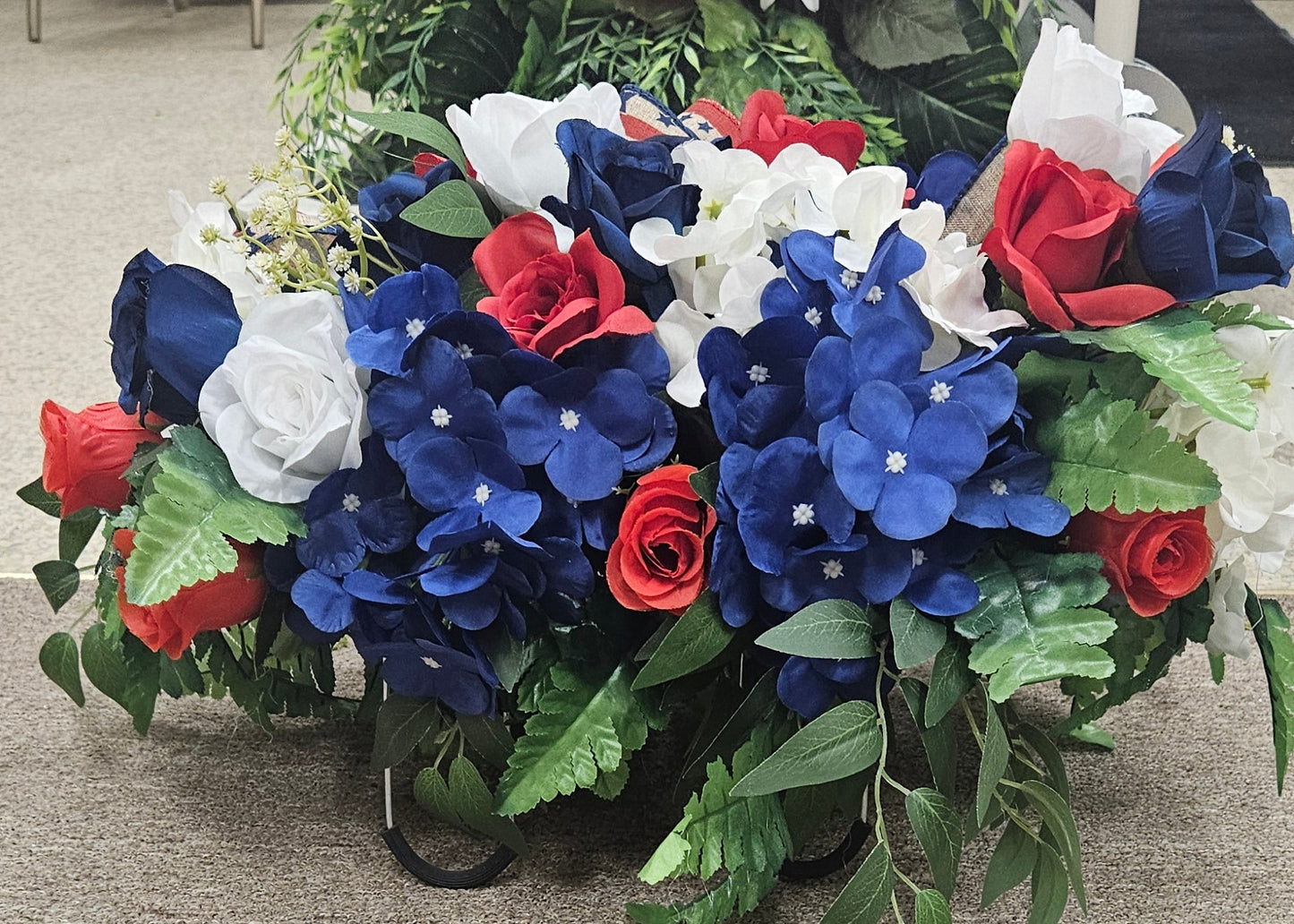 Patriotic Memorial Cemetery Saddle – Red, White & Blue Silk Florals