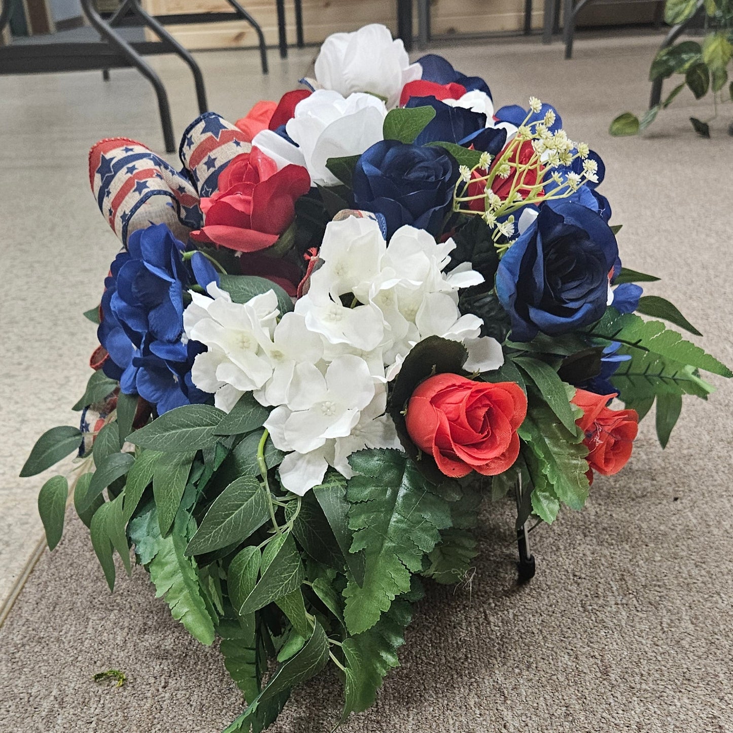 Patriotic Memorial Cemetery Saddle – Red, White & Blue Silk Florals
