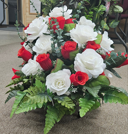 Large Red & White Rose Cemetery Saddle – Weather Resistant Memorial Arrangement