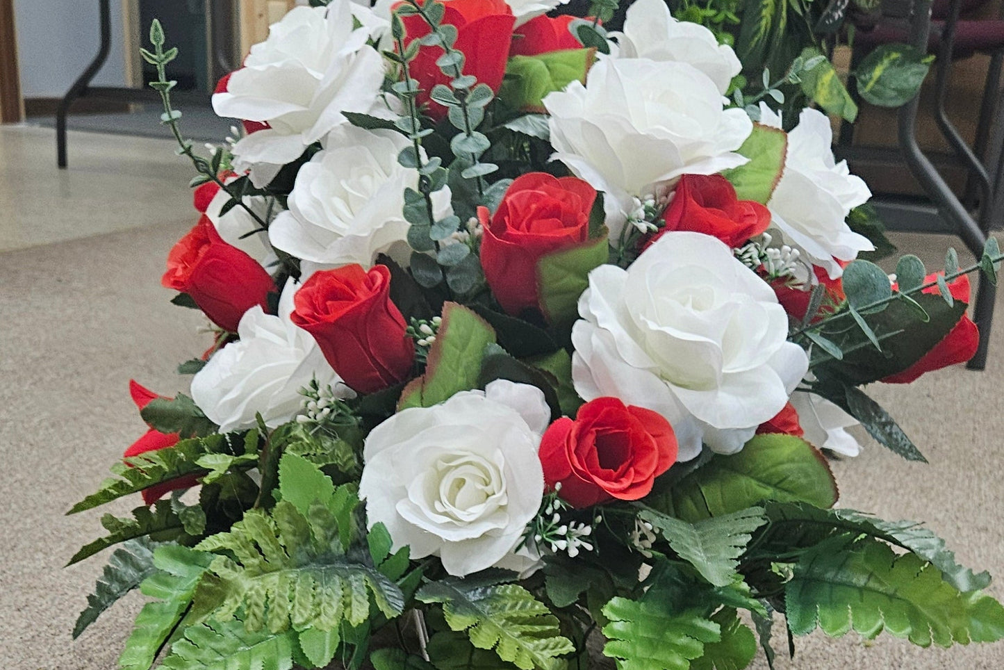 Large Red & White Rose Cemetery Saddle – Weather Resistant Memorial Arrangement