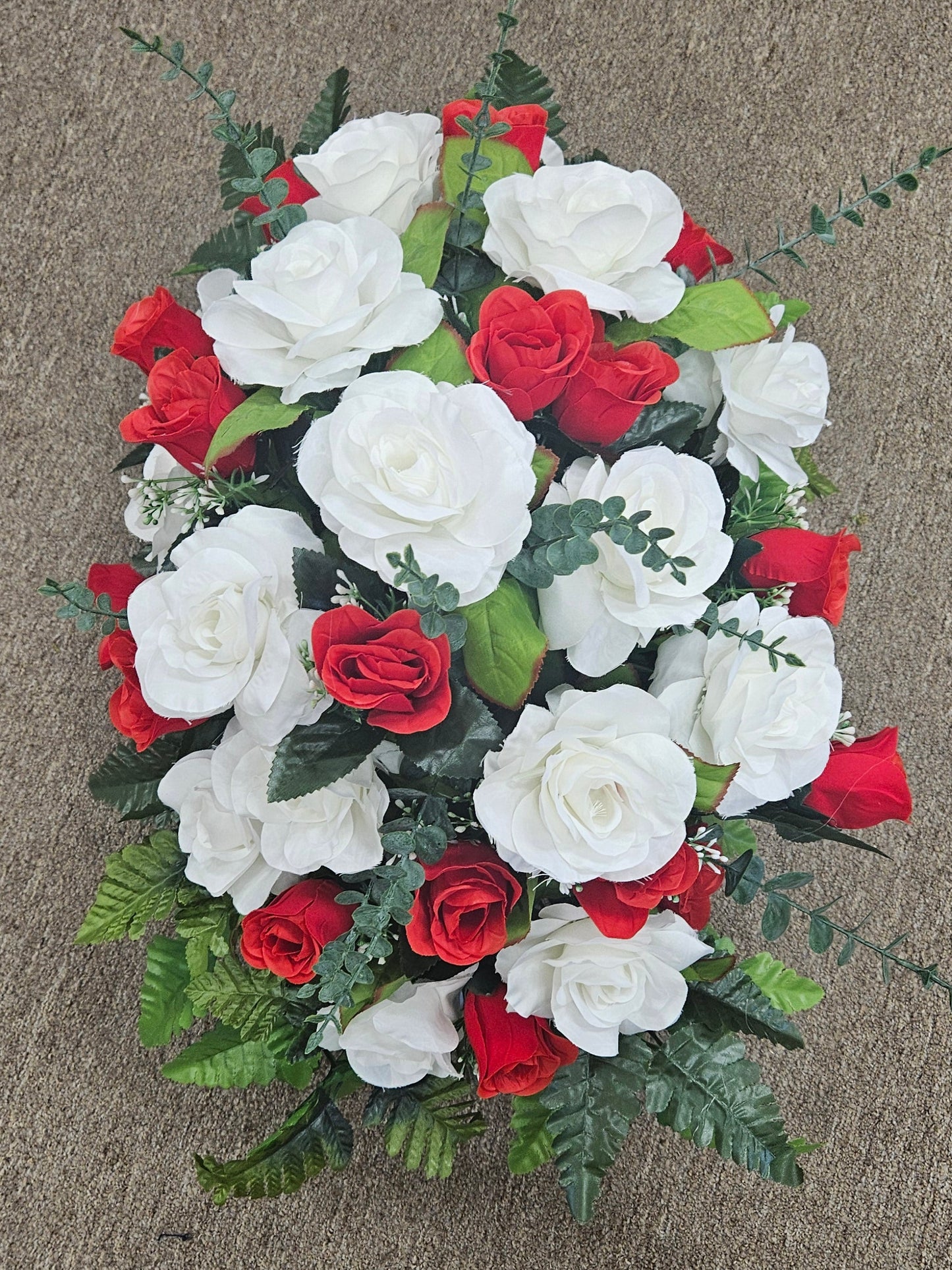 Large Red & White Rose Cemetery Saddle – Weather Resistant Memorial Arrangement