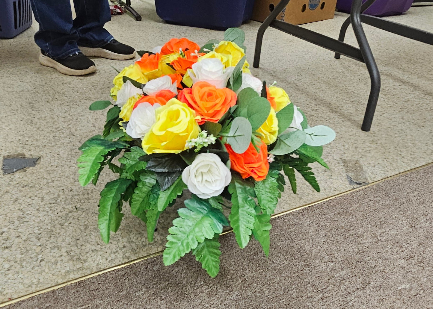 Sunrise Rose Cemetery Saddle – Orange, Yellow & White Memorial Flowers