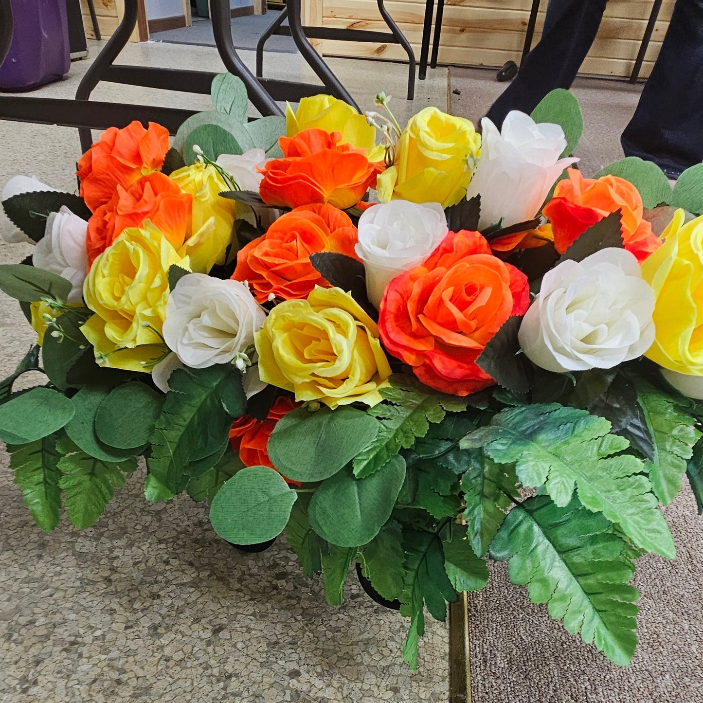Sunrise Rose Cemetery Saddle – Orange, Yellow & White Memorial Flowers