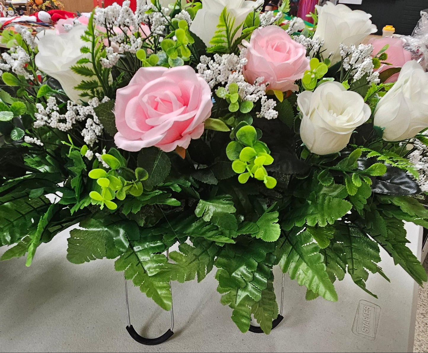 Pink & White Rose Cemetery Saddle – Elegant Memorial Flowers