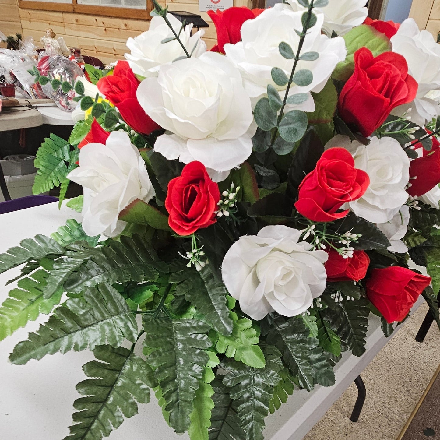 Large Red & White Rose Cemetery Saddle – Weather Resistant Memorial Arrangement