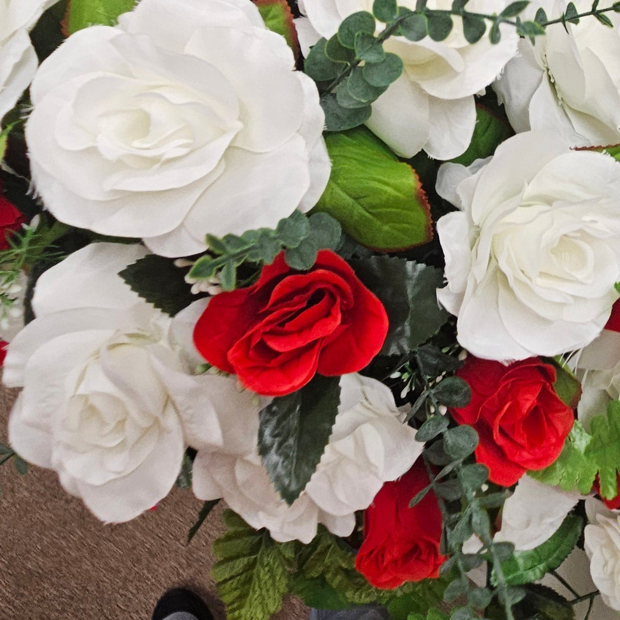Large Red & White Rose Cemetery Saddle – Weather Resistant Memorial Arrangement